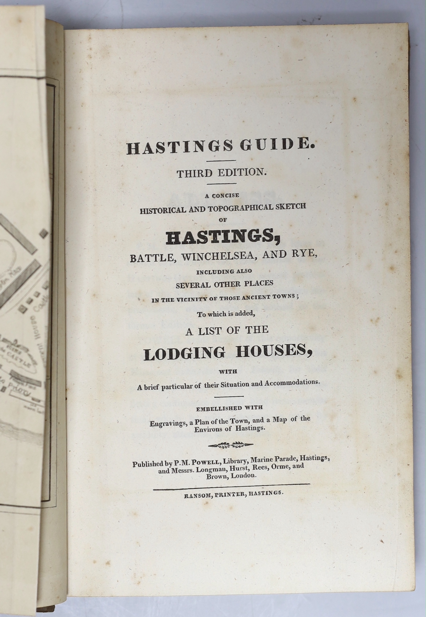 HASTINGS - Powell, P.M - Hastings Guide, 3rd edition, 8vo, half calf, with folding town plan and 30 plates, circa 1823, bound with the 5th edition, with folding town plan and 20 plates, circa 1830; [Howard, Mary Matilda]